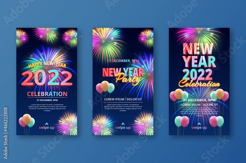 Festive new year eve social media stories collection with fireworks and realistic balloon