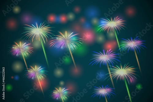 Fireworks on bokeh lights effect background for happy new year celebration