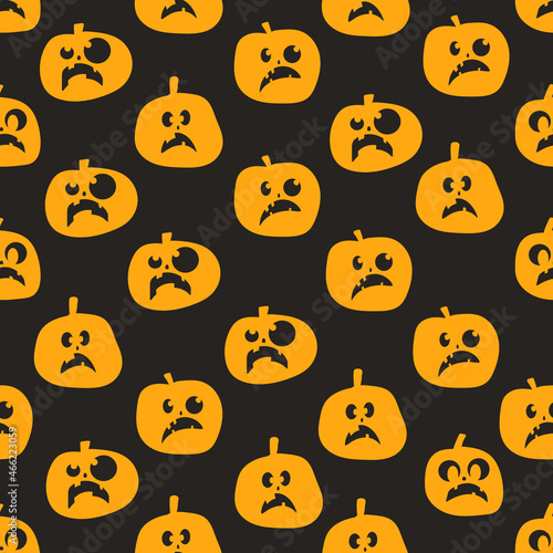 Seamless pattern of glowing halloween pumpkins on black background. Scary and funny faces. Cute Pumpkin or ghost. Vector autumn holidays illustration