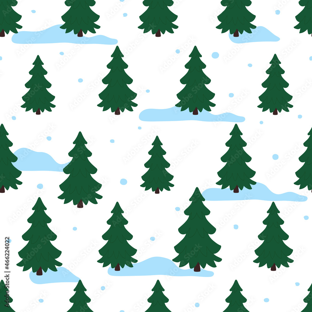 Winter forest seamless pattern. Christmas vector illustration in flat style.