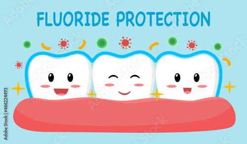Dental cartoon character with fluoride protection concept vector illustration. Dental health care. photo