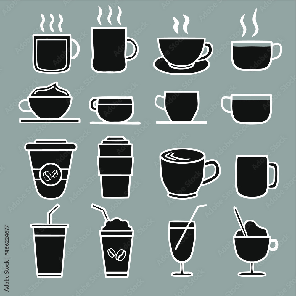 Set of coffee icon in mug and glass. Vector illustration thin line style.  