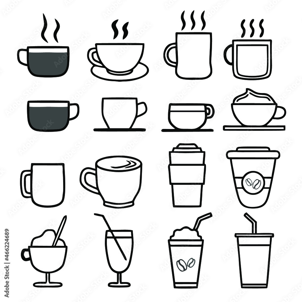 Set of coffee icon in mug and glass. Vector illustration thin line style. Set of coffee icon in mug and glass. Vector illustration thin line style.