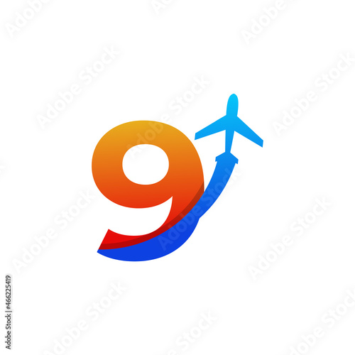 Number 9 Travel with Airplane Flight Logo Design Template Element