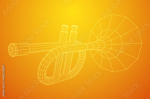 Trumpet pipe fife musiacal instrument. Wireframe low poly mesh vector illustration.