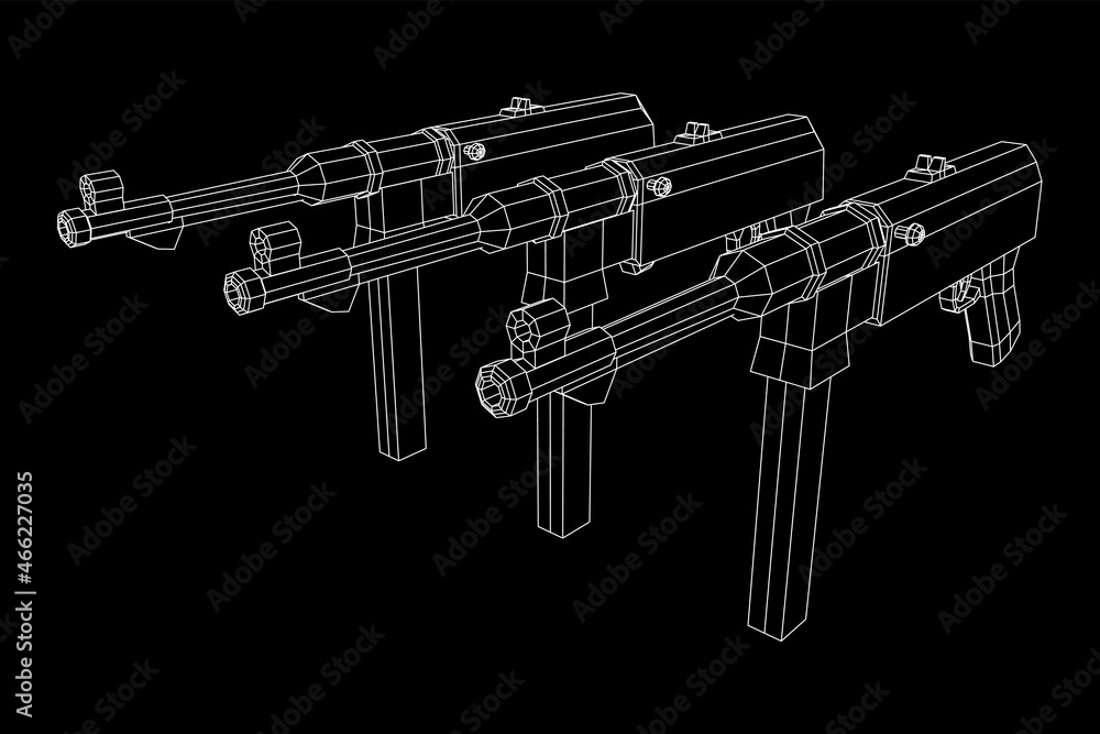 Submachine gun german MP 40 world war 2 firearms pistol. Wireframe low poly mesh vector illustration. Submachine gun german MP 40 world war 2 firearms pistol. Wireframe low poly mesh vector illustration.