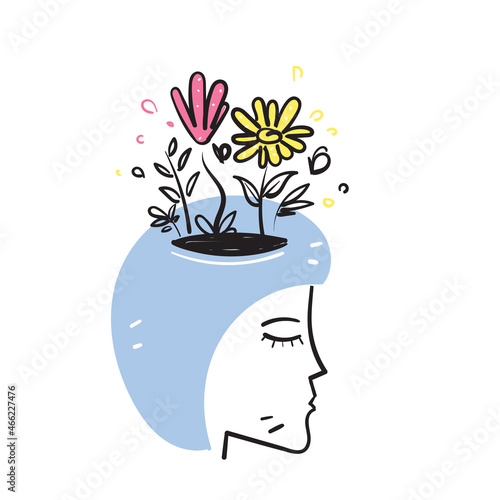 hand drawn doodle Human or woman head with flowers inside illustration vector