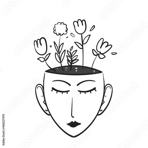 hand drawn doodle Human or woman head with flowers inside illustration vector