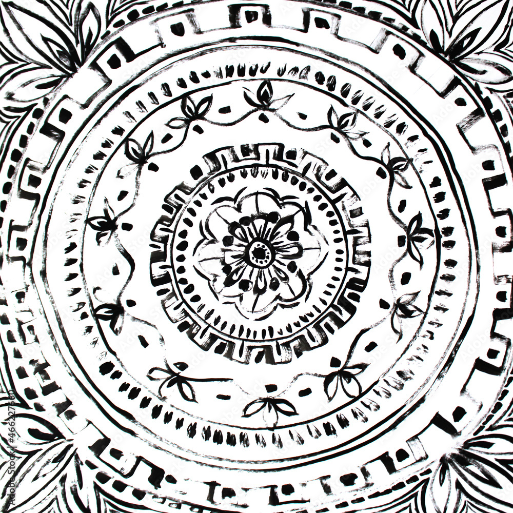 Ornate black and white boho mandala decor: circle, line, point, stripe, wave, swirl. Hand-drawn acrylic. Creative background for meditation, coloring book, yoga, relax, balance, spiritual