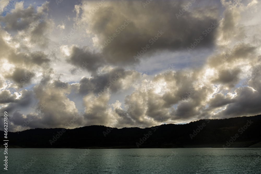 Lexington Reservoir with dramatic cloudscapes. Los Gatos, Santa Cruz County, California, USA.