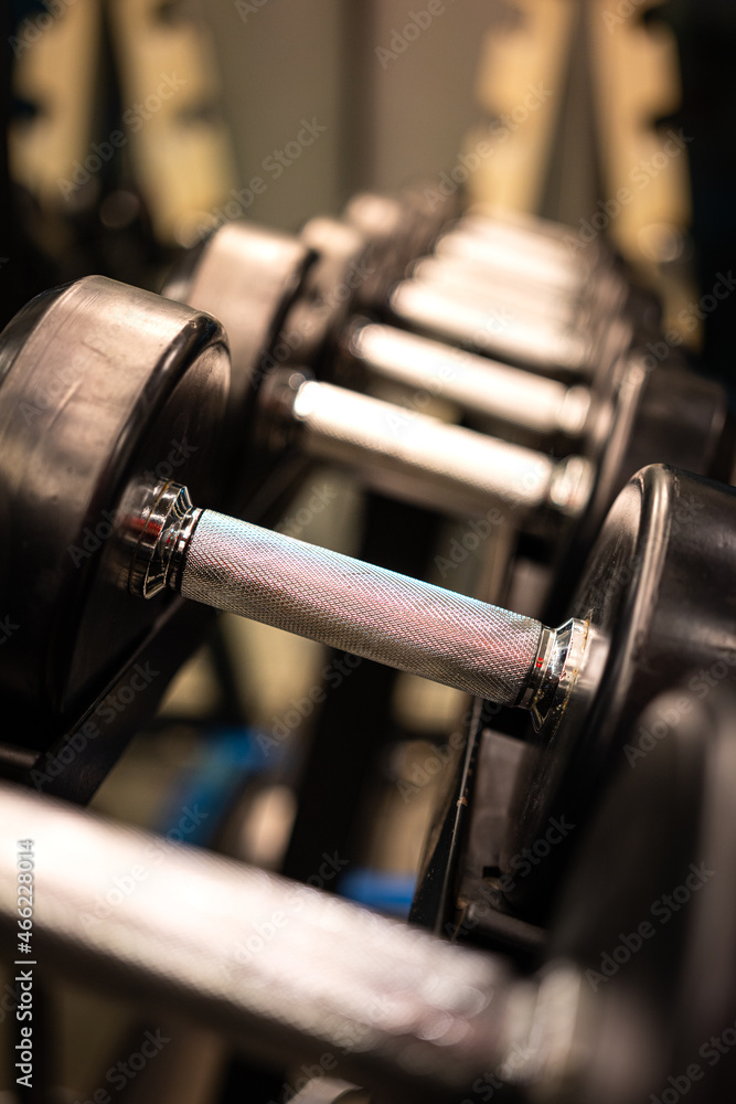 Fototapeta premium Set of weight dumbbell which is align on the rack in fitness gym, ready for service to customer. Sport equipment object photo. Close-up and selective focus at once dumbbell's handle.