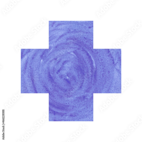 Watercolor illustration in the shape of a cross or plus sign in purple.  Geometric shape, suitable for use in articles, on websites on a medical topic or a school topic. 