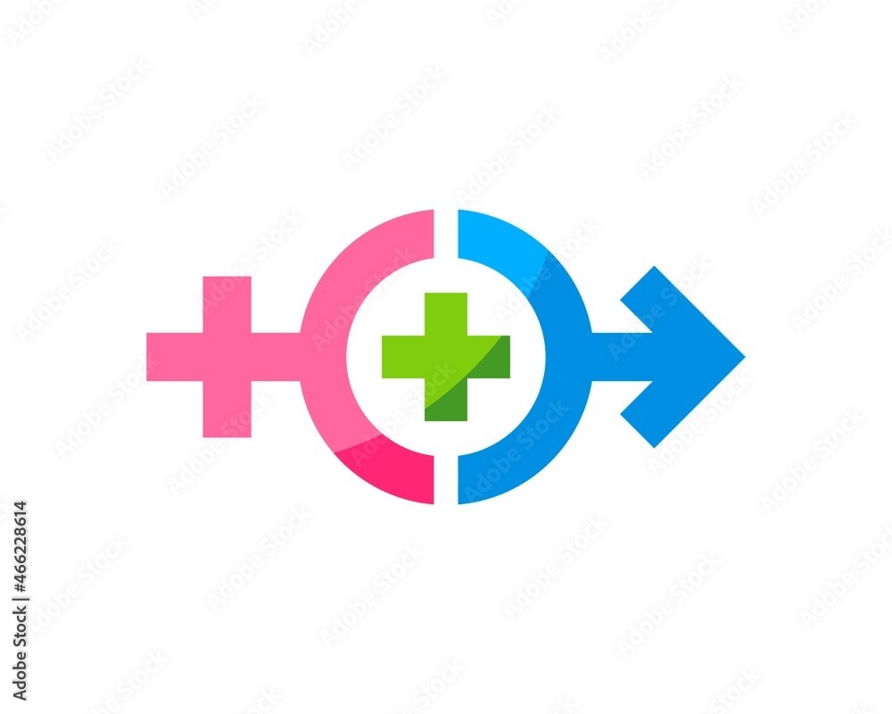 Man and girl symbol with healthy cross symbol inside Man and girl symbol with healthy cross symbol inside