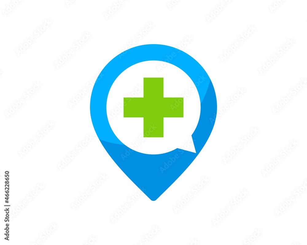 Blue pin location with bubble chat and healthy cross symbol inside Blue pin location with bubble chat and healthy cross symbol inside