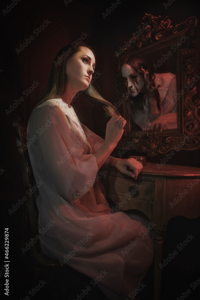 This image shows an unknowing woman sitting in a regal victorian scene ...