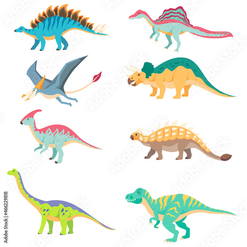 Fototapeta Naklejka Na Ścianę i Meble -  Dinosaur cartoon isolated set.  Spinosaurus, Pterodactyl, Triceratops, Parasaurolophus, Ankylosaurus, Brachiosaurus, Tyrannosaurus
