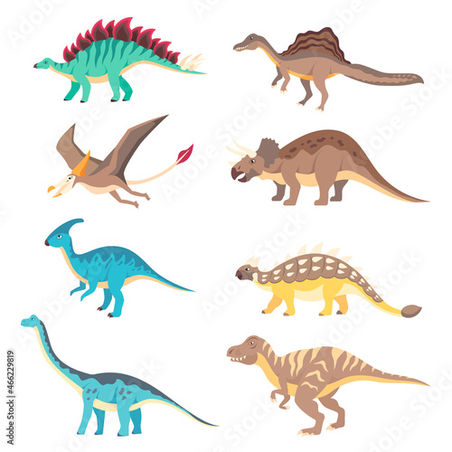 Fototapeta Naklejka Na Ścianę i Meble -  Dinosaurs vector Set. Spinosaurus, Pterodactyl, Triceratops, Parasaurolophus, Ankylosaurus, Brachiosaurus, Tyrannosaurus