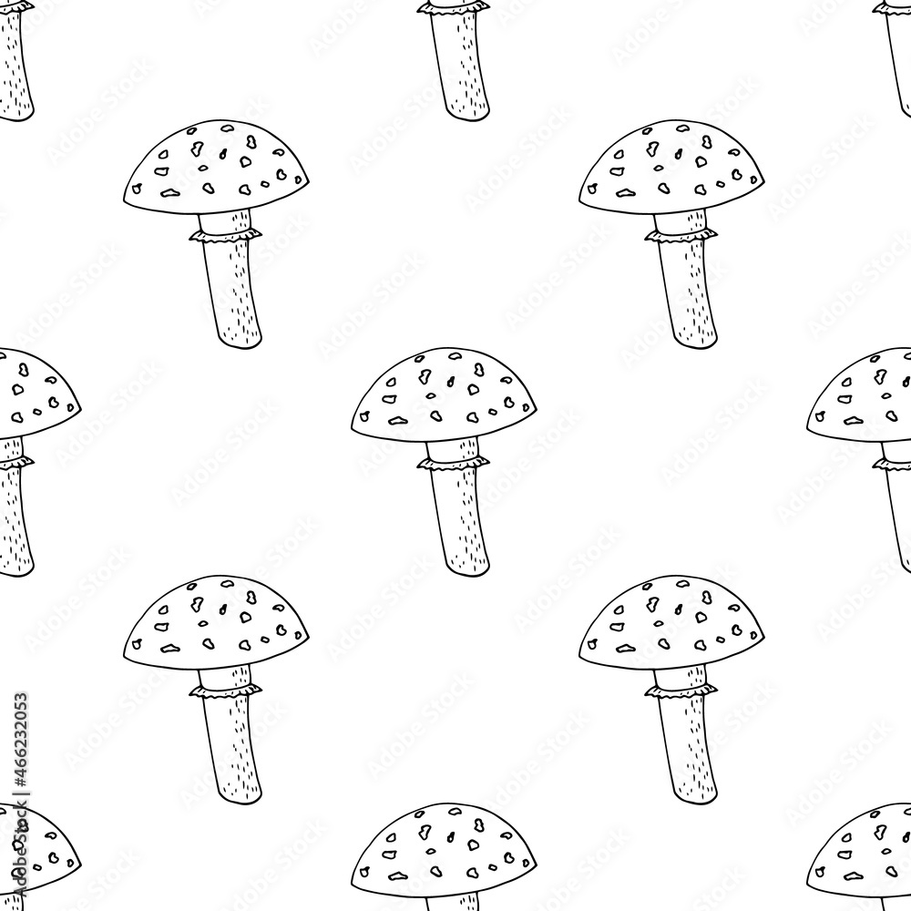 fly agaric mushroom seamless pattern hand drawn. vector, minimalism, scandinavian, monochrome, nordic. poisonous, textiles, wallpaper, wrapping paper, background.