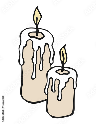 Vector isolated element burning candle. Hand drawn colored illustration. Design for card, print, logos, poster. Halloween theme.