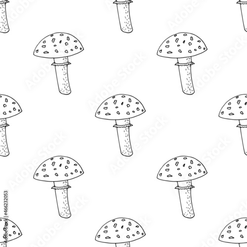 fly agaric mushroom seamless pattern hand drawn. vector, minimalism, scandinavian, monochrome, nordic. poisonous, textiles, wallpaper, wrapping paper, background.