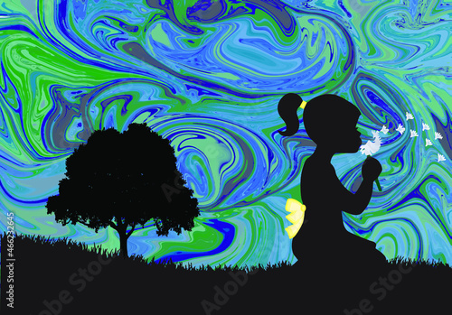Silhouette of a girl blowing a wish on a dandelion in a kneeling silhouette of grass field with a tree in the distance on an abstract sky background