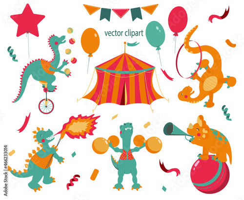 Cute dinosaurs at a circus party on a white background. Funny vector clipart for children.