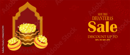 Indian pots with coins Vector illustration. Shubh Dhanteras holiday composition for Diwali festival celebration.