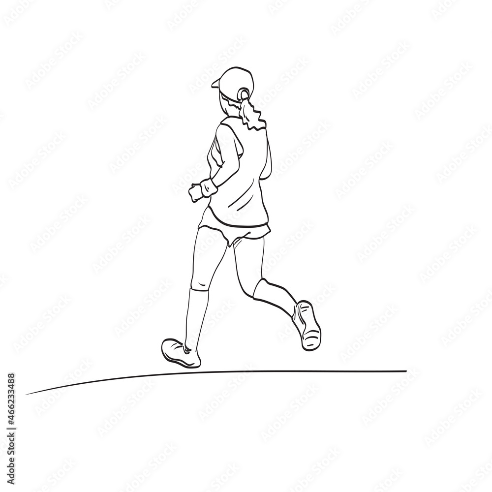 line art back view of female runner athlete running illustration vector isolated on white background line art back view of female runner athlete running illustration vector isolated on white background