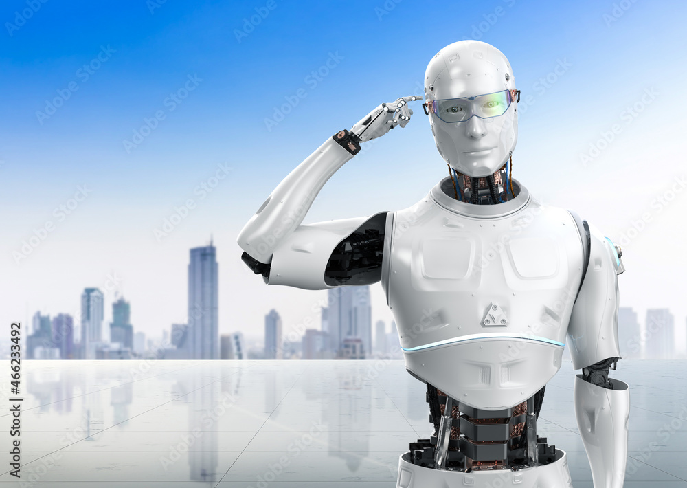 Naklejka premium ai robot computing or analyzing