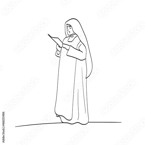 line art nun reading a paper illustration vector isolated on white background