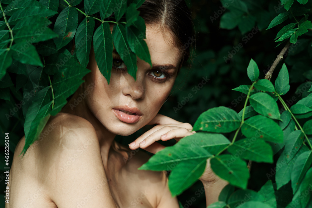smiling woman green leaves clean skin nature summer model smiling woman green leaves clean skin nature summer model