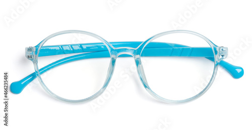 Top view blue frame eyeglasses on white background.