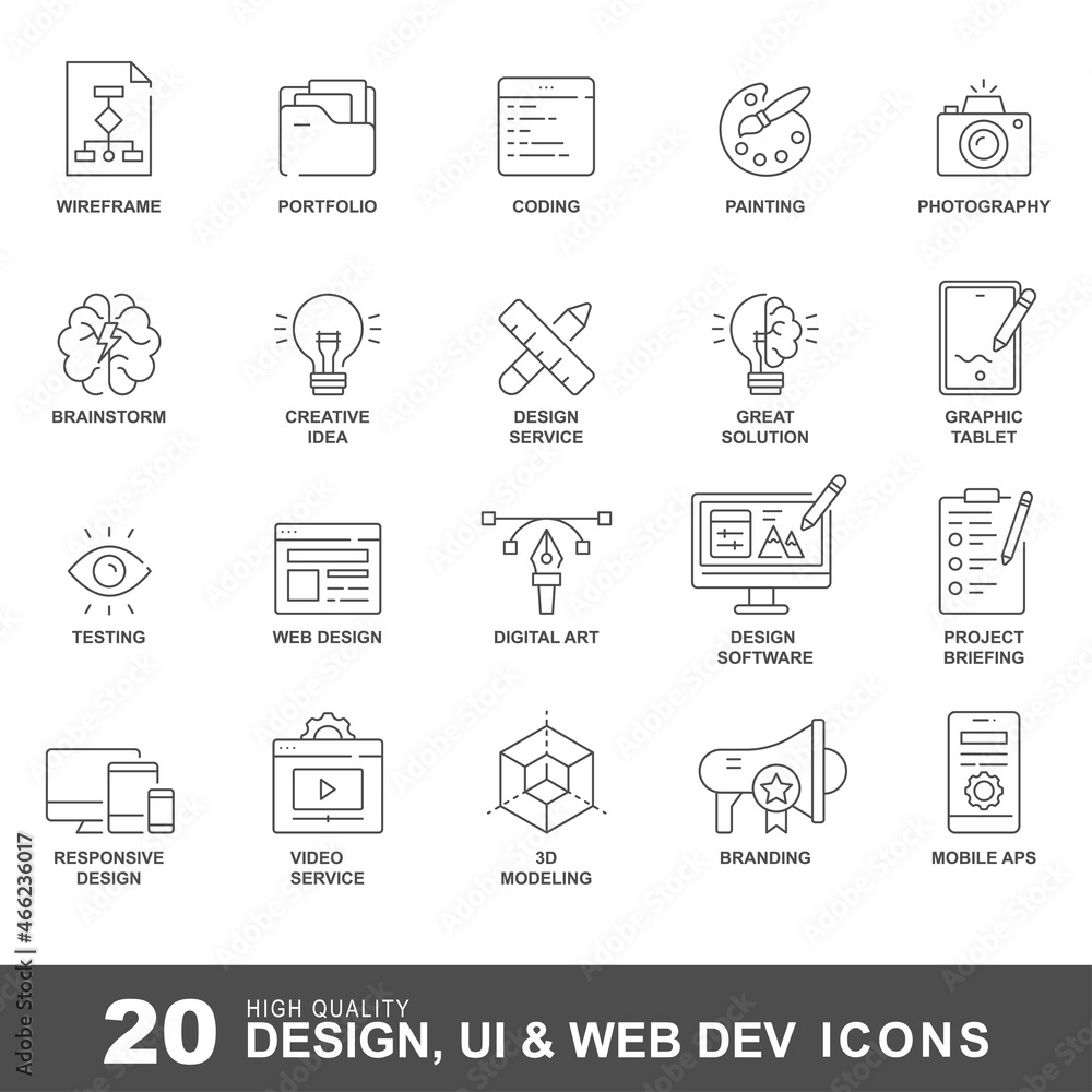Web and graphic design icons. Vector creative and development icon set