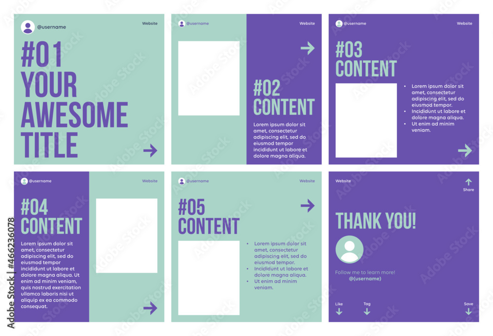 Microblog carousel slides template for instagram. Six page, flat green mint and purple colors theme.	