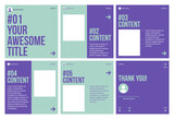 Microblog carousel slides template for instagram. Six page, flat green mint and purple colors theme. 