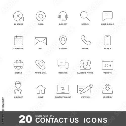Contact us line icons. Phone, address and mail icon set with editable stroke