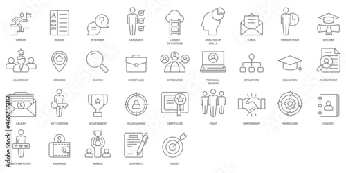 Headhunting And Recruiting minimal thin line and glyph web icon set. Included the icons as Job Interview, Career Path, Resume and more. Outline and glyph icons collection.Simple vector illustration.