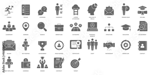 Headhunting And Recruiting minimal thin line and glyph web icon set. Included the icons as Job Interview, Career Path, Resume and more. Outline and glyph icons collection.Simple vector illustration.