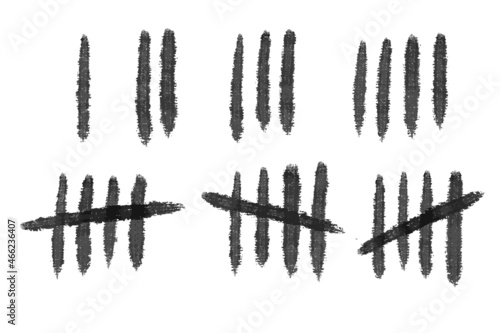 Tally mark number lines on the wall. Hand drawn sticks for counting time in prison. Vector illustration design set.