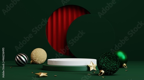 Christmas background with podium for product display. 3d rendering. Green background. photo