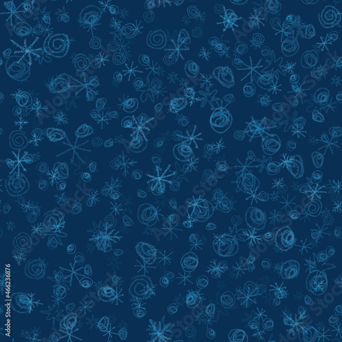 Hand Drawn Snowflakes Christmas Seamless Pattern. Subtle Flying Snow Flakes on chalk snowflakes Background. Admirable chalk handdrawn snow overlay. Tempting holiday season decoration.