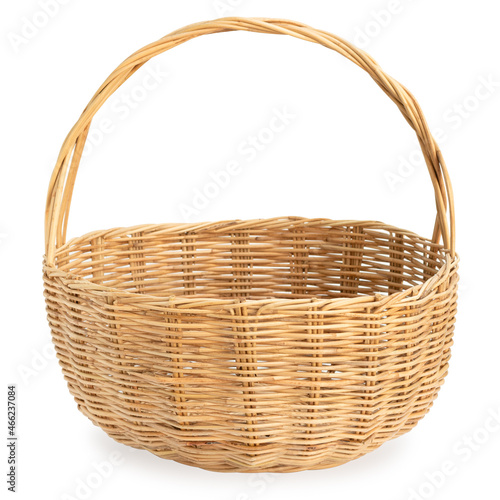 Empty wooden wicker basket isolated on white background.