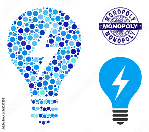 Circle collage electric bulb icon and MONOPOLY round unclean stamp. Blue stamp includes MONOPOLY text inside circle and guilloche pattern. Vector collage is based on electric bulb icon,