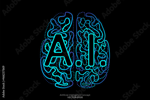 A.I. artificial intelligence vector illustration by left right human brain blue light lines isolated on black background