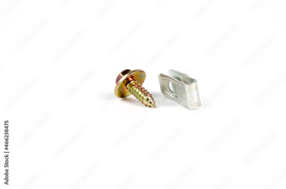 Turnkey fastening screws. Metal brackets for self-tapping screws. Close up. Isolated on white background Turnkey fastening screws. Metal brackets for self-tapping screws. Close up. Isolated on white background