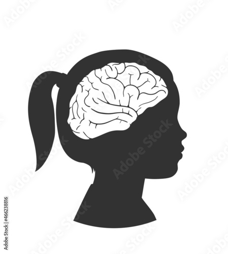 Silhouette of a child with a brain shape isolated on white background. Vector illustration