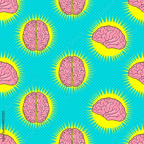 Seamless pattern with Human brain. Pop Art vintage vector illustration