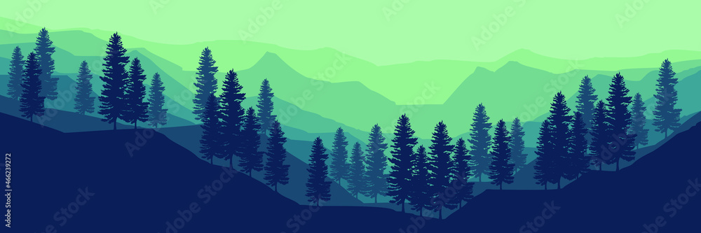 Fototapeta premium explore forest mountain flat design vector banner template good for web banner, ads banner, tourism banner, wallpaper, background template, and adventure design backdrop 