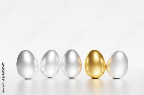 3d render of silver and gold easter eggs on a white background
