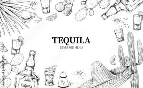 Tequila menu. Hand drawn frame of Mexican alcohol drink in bottle and shot glass with lemon and salt. Engraving cactus and agaves. Traditional castanets and sombrero. Vector border sketch